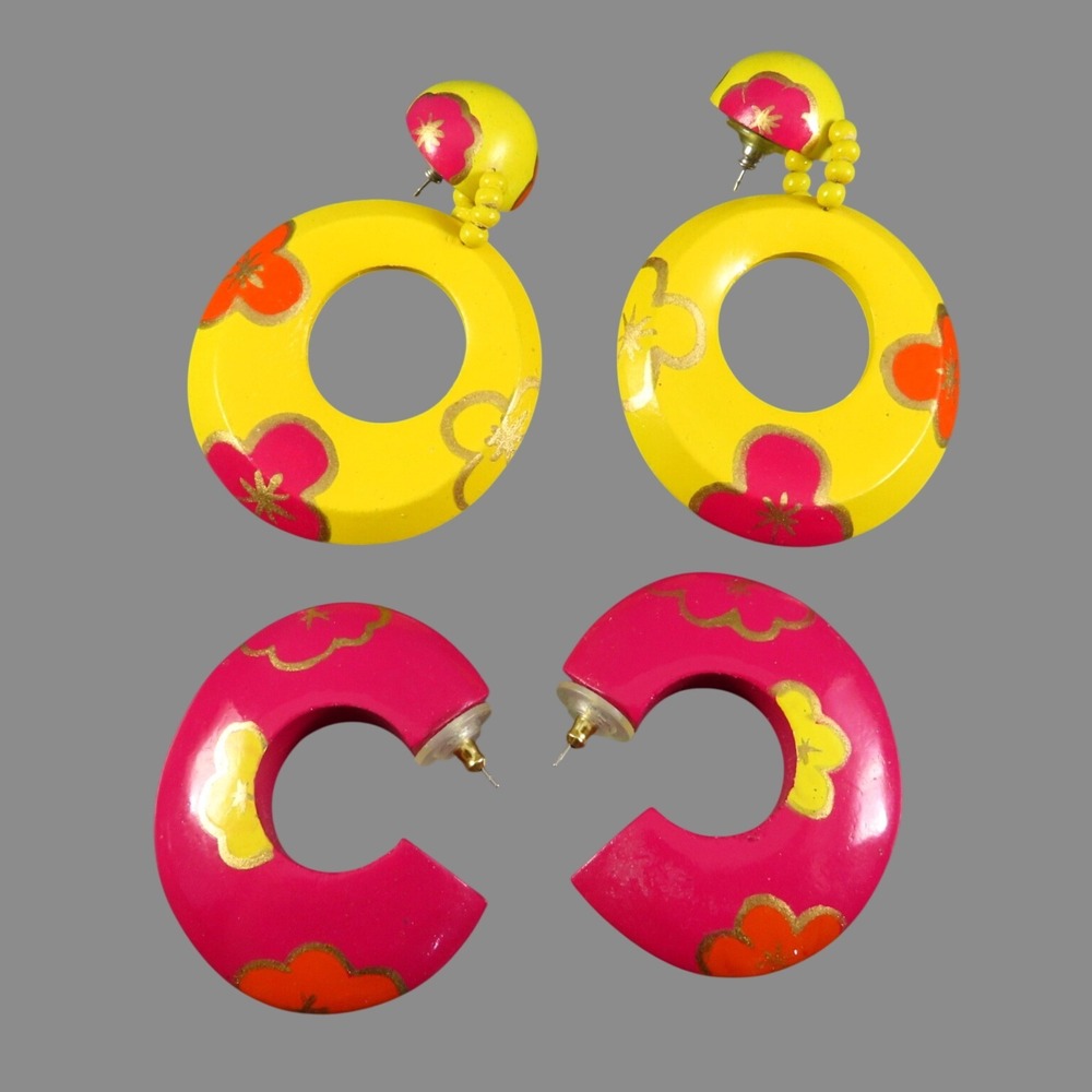 SET OF 2, Vintage HAND PAINTED WOODEN EARRINGS 80's Retro Hoop Dangle BIG STYLE